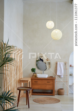 Large thatched ceiling lamp. Loft style. High ceilings with rails. Minimalism 111061377