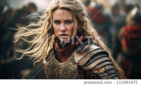 Beautiful Scandinavian warrior woman in traditional viking armor. Portrait of an attractive young Nordic woman in Viking clothes. Closeup of a beautiful fighter girl in viking armor outdoors. 111061475
