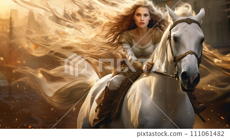 Art of a Beautiful princess riding on a horse. Illustration of an attractive young queen riding through a forest. Painting of a woman riding on a horse through wild nature. 111061482