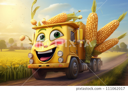 A cheerful yellow animated truck is carrying corn. 111062017