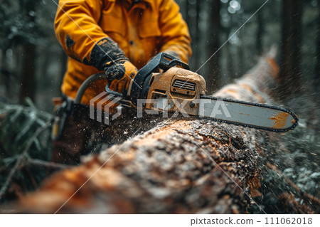 Lumberjack sawing a tree trunk with a chainsaw Lumberjack sawing a tree trunk with a chainsaw 111062018