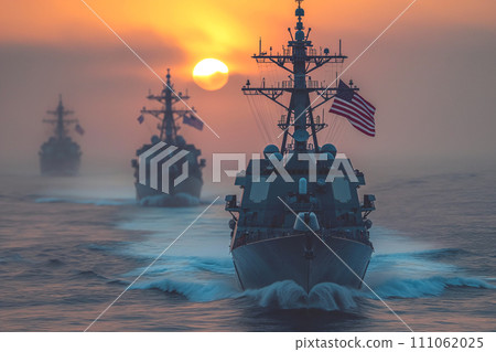 Warships with US flag at sea. 111062025
