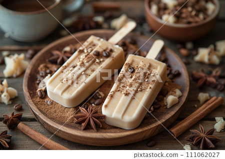 Homemade espresso and white chocolate ice lollies. Homemade espresso and white chocolate ice lollies. 111062027
