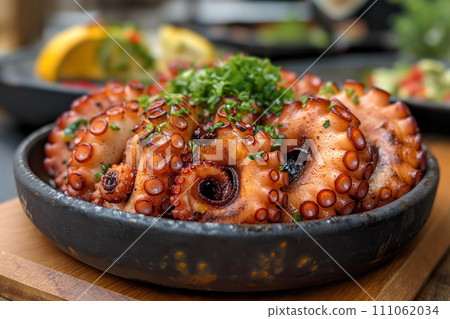 Fried octopus sea food delicacy. 111062034