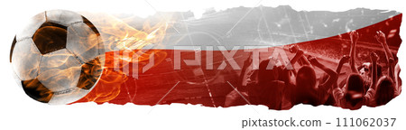 Sport fans attending match, cheering up team of Poland. Combination of burning soccer ball and national flag Sport fans attending match, cheering up team of Poland. Combination of burning soccer ball and national flag 111062037