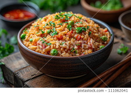 Chopsticks and bowl of fried red rice with vegetables. Chopsticks and bowl of fried red rice with vegetables. 111062041