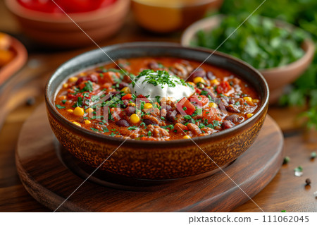 Chili con carne with coriander and sour cream. Chili con carne with coriander and sour cream. 111062045