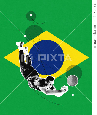 Dynamic image of young man, volleyball player during game, representing team of Brazil. 111062054