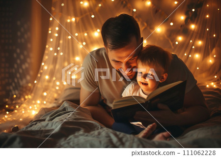 AI-generated content. Bedtime, father reads book to his child 111062228