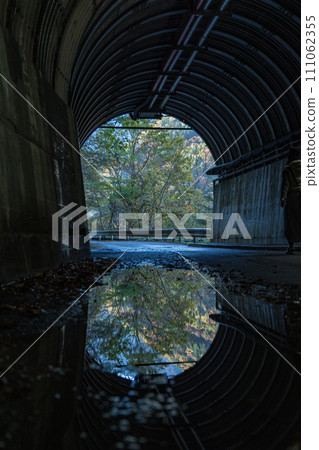 Tunnel leading to the dream suspension bridge of Sumata Gorge in Kawanehon Town, Shizuoka Prefecture, Japan 111062355