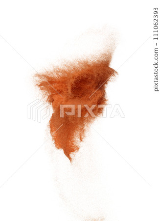 Orange Sand Storm desert with wind blow spin swirl around. Brick orange sand tornado storm with high wind. Fine Sand circle around, White background Isolated throwing particle element object 111062393