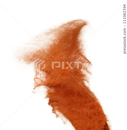 Orange Sand Storm desert with wind blow spin swirl around. Brick orange sand tornado storm with high wind. Fine Sand circle around, White background Isolated throwing particle element object 111062394