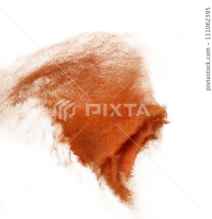 Orange Sand Storm desert with wind blow spin swirl around. Brick orange sand tornado storm with high wind. Fine Sand circle around, White background Isolated throwing particle element object 111062395