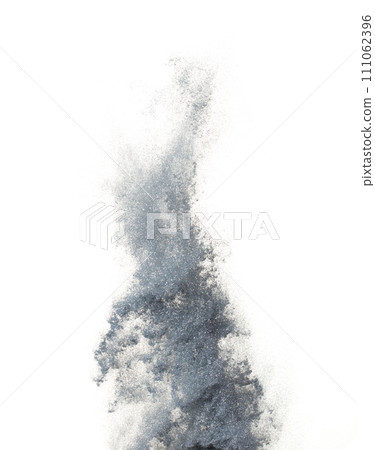 Silver metallic glitter sparkle swirl sand storm. Silver Glitter sand spark blink spin circle wind blow, fly throw silver glitters particle. White background isolated, selective focus Blur bokeh 111062396