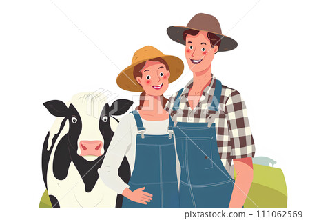 A dairy farmer couple. There are also large dairy cows 111062569