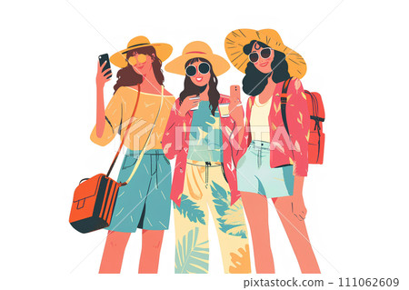 Three women enjoying a trip taking selfies 111062609