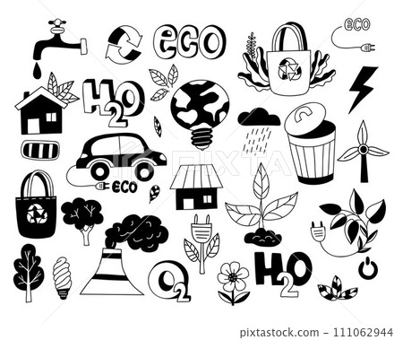 Ecological lifestyle. Ecology doodles. No plastic, go green, Zero waste concepts, reduce, reuse, refuse, technologies and environmental friendliness of life and transport. Isolated vector hand drawn. Ecological lifestyle. Ecology doodles. No plastic, go green, Zero waste concepts, reduce, reuse, refuse, technologies and environmental friendliness of life and transport. Isolated vector hand drawn. 111062944