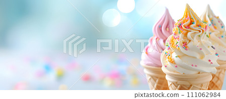 AI-generated content. Soft ice cream in waffle cones, closeup 111062984