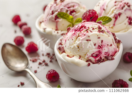 AI-generated content. Summer concept - raspberry ice cream, white bowl 111062986