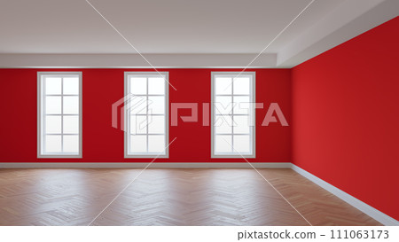 Interior with Red Walls, White Ceiling and Conrnice, Three Large Windows, Herringbone Parquet Flooring and a White Plinth. Beautiful Concept of the Room, 3D Rendering. 8K Ultra HD, 7680x4320, 300 dpi Interior with Red Walls, White Ceiling and Conrnice, Three Large Windows, Herringbone Parquet Flooring and a White Plinth. Beautiful Concept of the Room, 3D Rendering. 8K Ultra HD, 7680x4320, 300 dpi 111063173