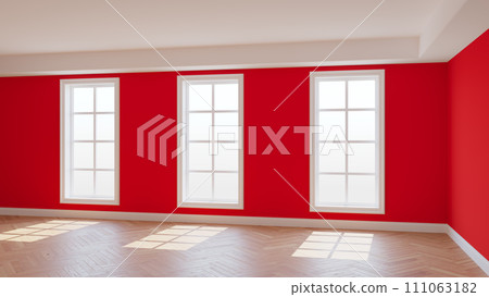 Empty Red Interior with Three Large Windows, Light Glossy Herringbone Parquet Floor and a white Plinth. Beautiful Concept of the Empty Room. 3D Rendering, Ultra HD 8K, 7680x4320, 300 dpi 111063182