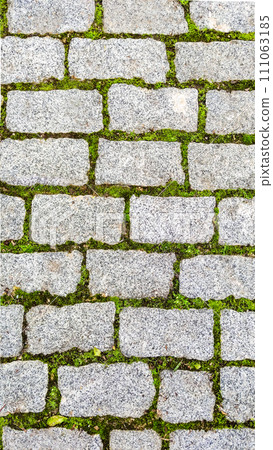 Texture of green grass sprouted between bricks of cobblestone path, top view. Concept of harmonious fusion of city and nature 111063185