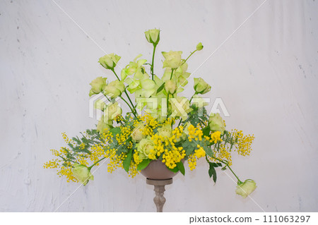 A simple arrangement of mimosas and roses A simple arrangement of mimosas and roses 111063297
