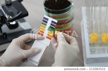 Hands holding litmus test paper for soil analysis 111063522