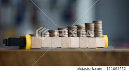 Close-up table are coins growing in wooden blocks Close-up table are coins growing in wooden blocks 111063552