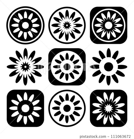 Set of Black and White Flower Icons. Elements for Design. Vector Art. 111063672
