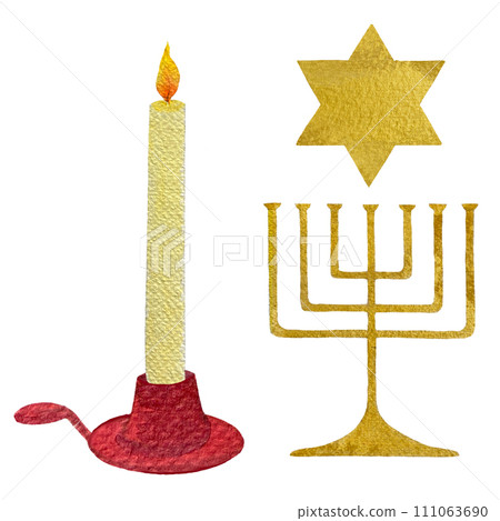 Watercolor hand drawn high quality menorah, religious illustration isolated on white Watercolor hand drawn high quality menorah, religious illustration isolated on white 111063690