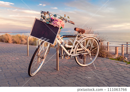 Vintage bicycle with copy space text frame on a steering wheel Vintage bicycle with copy space text frame on a steering wheel 111063766