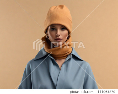 Studio shot portrait of a blonde girl in a blue fashionable sweatshirt and beige hat on a beige background, copy space for your advertising content 111063870