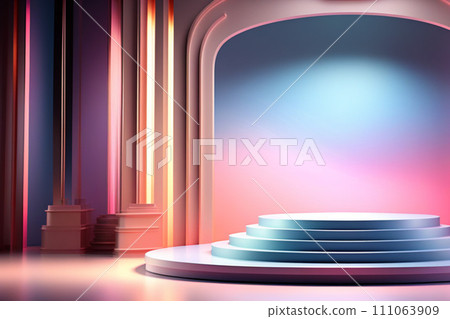 3D abstract studio with a podium on a pedestal. Empty studio with a bright hologram glow effect in soft pastel colors 3D abstract studio with a podium on a pedestal. Empty studio with a bright hologram glow effect in soft pastel colors 111063909