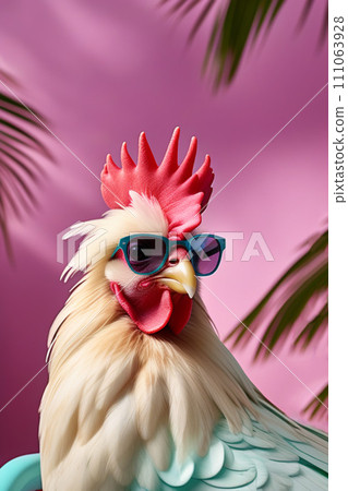 A funny rooster with turquoise feathers in a colorful shirt and glasses, on a bright crimson background. design for printing t-shirts, mugs, covers, etc. 111063928