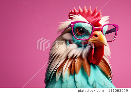 A funny rooster with turquoise and mint feathers in a colorful shirt and glasses, on a bright crimson background. design for printing t-shirts, mugs, covers, etc. A funny rooster with turquoise and mint feathers in a colorful shirt and glasses, on a bright crimson background. design for printing t-shirts, mugs, covers, etc. 111063929