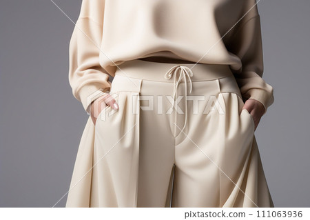 Model girl in a beige shirt and wide fashionable trousers on a gray background. fashion details close up. Studio photo of the model. 111063936