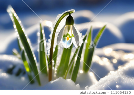 Spring snowdrop flowers with water drops in spring forest 111064120