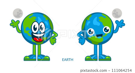Cute Happy Smiling Globe World Earth Cartoon Character With Continents And Moon 111064254