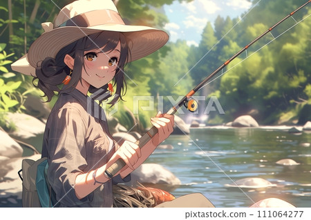 河裡釣魚的女人/微笑的釣魚女孩“AI生成圖像” 111064277