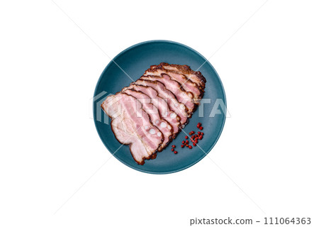 Delicious fresh pancetta or bacon with salt and spices cut into thin slices 111064363