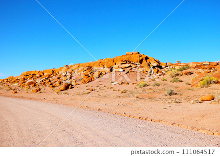 An empty road in the desert on a hot sunny day. 111064517