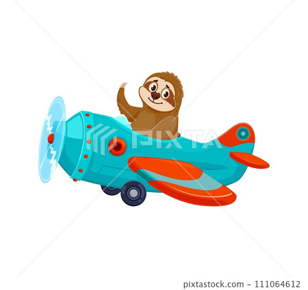 Sloth pilot on airplane, cartoon animal aviator in plane toy, vector funny character. Sloth pilot waving with hand and flying in propeller airplane, funny zoo animal aviator for kids 111064612