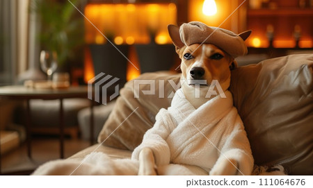 Pampered dog in Spa Bathrobe 111064676