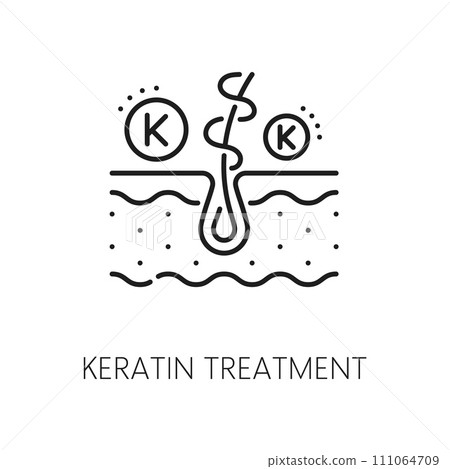 Hair care and keratin treatment linear icon. Woman beauty and bathroom cosmetics, spa salon treatment or hair health product thin line vector icon with keratin molecule and hair follicle Hair care and keratin treatment linear icon. Woman beauty and bathroom cosmetics, spa salon treatment or hair health product thin line vector icon with keratin molecule and hair follicle 111064709