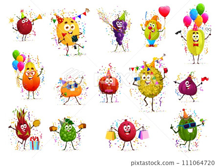 Cartoon cheerful fruit characters on birthday holiday anniversary. Kids birthday party guava, lemon, apple and orange, pear, banana isolated vector cute personages with balloons, gift and confetti 111064720