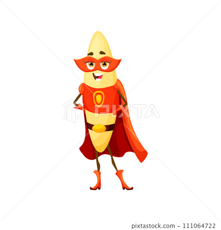 Cartoon orzo italian pasta superhero character. Isolated vector feminine and fun-loving super hero macaroni personage wear red defender cape and mask, ready to save the day with noodly powers 111064722