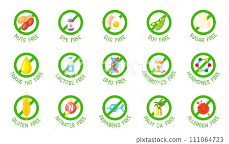 Sugar, gluten, GMO, lactose free icons and symbols. Bio safe agriculture product, hormones contain certification or natural food warranty vector seal. No DYE, eggs, soy free, sugar and trans fat signs Sugar, gluten, GMO, lactose free icons and symbols. Bio safe agriculture product, hormones contain certification or natural food warranty vector seal. No DYE, eggs, soy free, sugar and trans fat signs 111064723