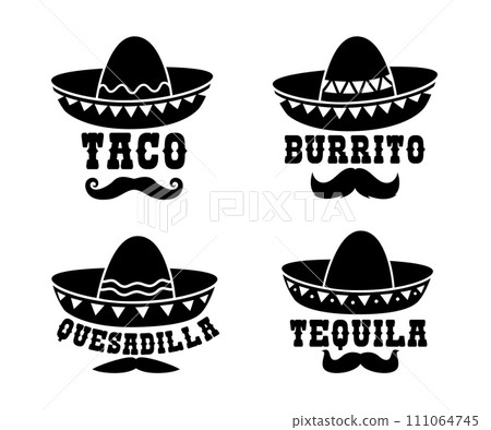 Mexican sombrero with burrito, taco, quesadilla and tequila typography words. Isolated vector black silhouettes of traditional latin headwear with mustaches and creative lettering of tex mex meals Mexican sombrero with burrito, taco, quesadilla and tequila typography words. Isolated vector black silhouettes of traditional latin headwear with mustaches and creative lettering of tex mex meals 111064745