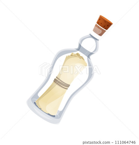 Cartoon glass bottle, tossed by the sea, clutches a mysterious message. Isolated vector transparent flask, etched with tales untold, whispers secrets from distant shores and pirate adventures Cartoon glass bottle, tossed by the sea, clutches a mysterious message. Isolated vector transparent flask, etched with tales untold, whispers secrets from distant shores and pirate adventures 111064746